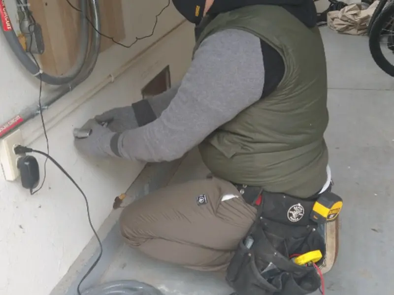 Electrician performing outlet wiring in a Monee garage